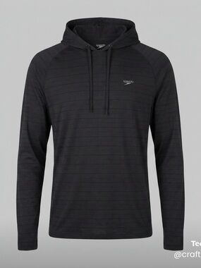 Speedo Men's Long Raglan Sleeve Hooded Swim Shirt Size XL Black Stripe